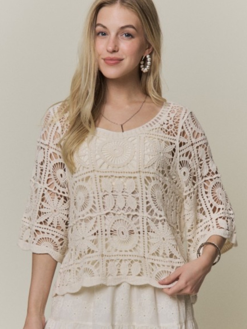 "The Taylor" Beige Open-knit Square Crochet Top